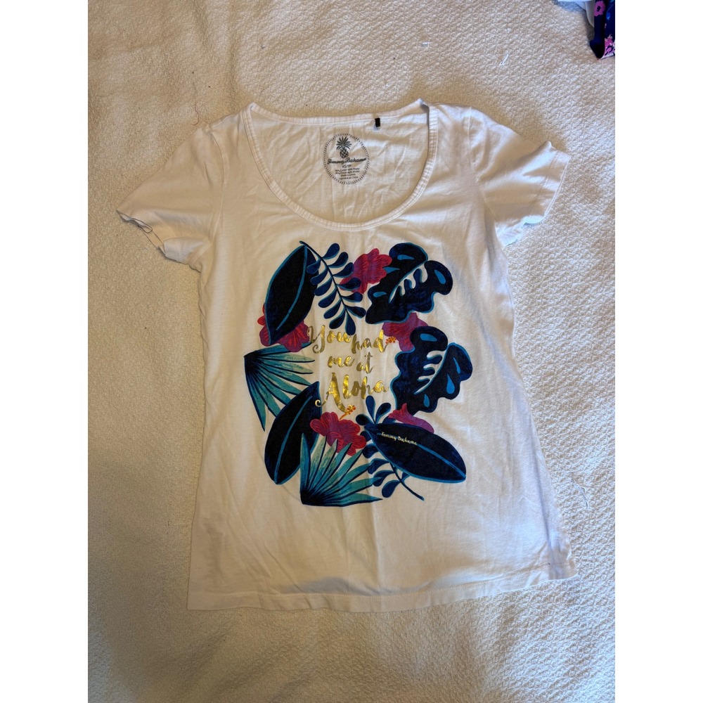 Tommy Bahama Womens Aloha Graphic T-Shirt White Tropical Floral Scoop Neck XS